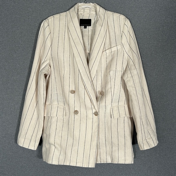 Banana Republic women size 16 double breasted blazer beige stripe 100% linen - Picture 1 of 11